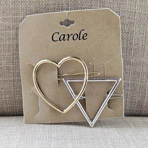 Carole Women Hair Clips Gold Tone Heart Silver Tone Triangle Hair Tie New